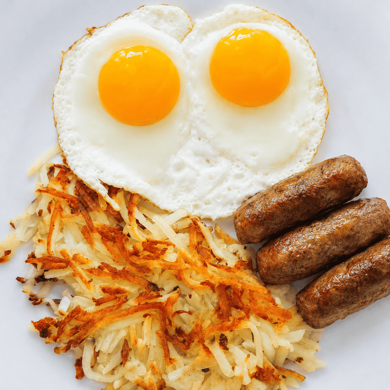 Two egg breakfast with chicken sausage links